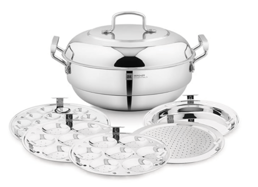 Bergner BE Bergner Essentials Triply Stainless Steel 27cm Multi Kadai - 2 Pcs Idli Plates, 1 Pc Appam Plate with 19 Cavities, 1 Pc Patra Plate and 1 Pc Steam Plate, Less Cooking Oil - Induction Bottom Material	Stainless Steel Colour	Silver Brand	BERGNER Shape	Round Item Weight	3.16 Kilograms About this item 👌🏻Versatile Functionality : Cook a wide range of dishes, including idli, appam, patra, and dhokala, all in one convenient pot 💪🏻Healthy Cooking : Tri-ply construction ensures even heat distribution, reducing the need for excessive oil and promoting healthier meals ✅Durable and Long-Lasting : Made from high-quality stainless steel, this kadai is built to last, providing years of reliable service ♨️Induction Compatible : Suitable for all stovetops, including induction, making it a versatile addition to any kitchen 🎁Complete Set : Includes 2 idli plates, 2 dhokala plates, 1 appam plate with 19 cavities, 1 patra plate, and 1 steam plate, offering everything you need for a variety of dishes 🫓High-Quality Lid : The stainless steel dome-shaped lid with a flat knob provides a secure seal and easy handling ✨Stylish Design : The inside matt finish ensures easy cleaning, while the outside shiny finish adds a touch of elegance to your kitchen
